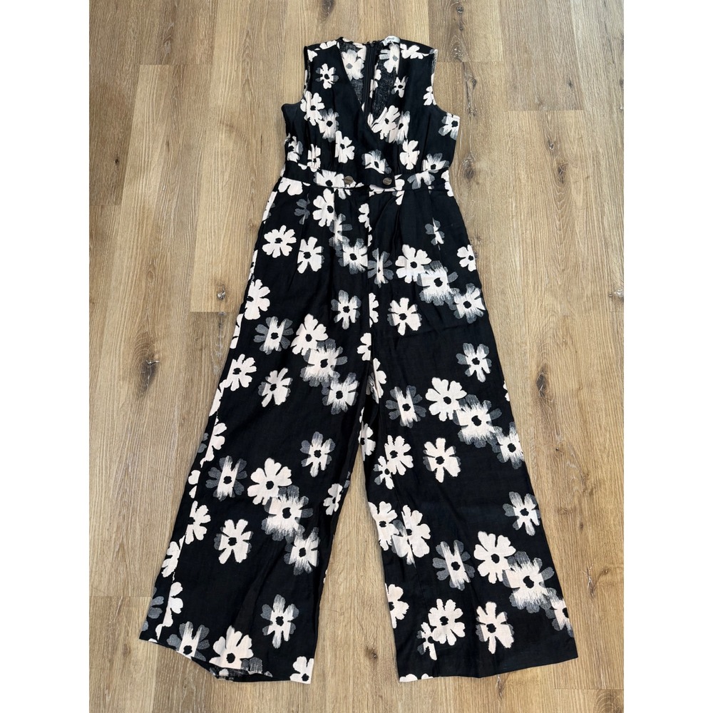 Madewell 100% Linen Floral Wide Leg Jumpsuit Womens 6 Black White Sleeveless